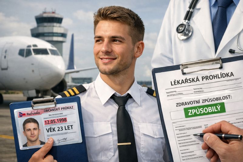 Zdravotní způsobilost pilota: detailní pohled na formulář lékařské prohlídky a doklad totožnosti na pozadí letadla
