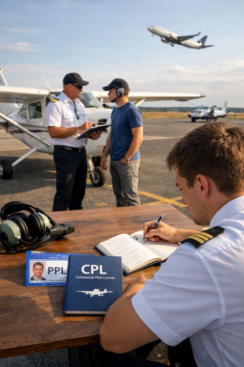 Student letectví si zapisuje poznámky u stolu s učebnicí CPL (Commercial Pilot License) a průkazem PPL