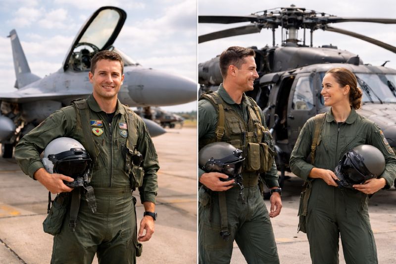 Srovnání armádního letectva: pilot stíhačky a posádka vrtulníku v plné polní výstroji během služby