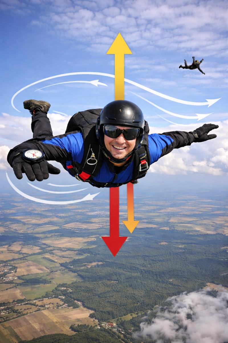 Infografika volného pádu parašutisty s výškoměrem na rukavici a šipkami znázorňujícími aerodynamiku