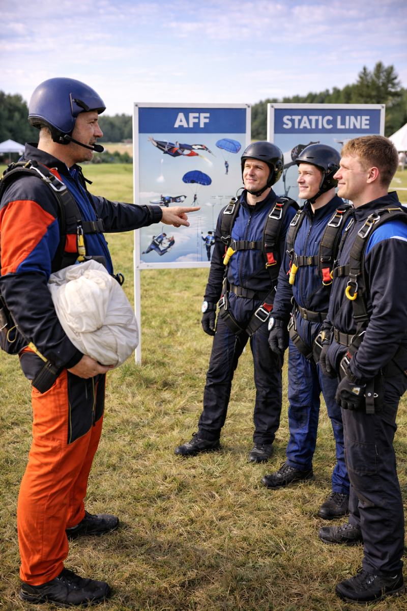 Instruktor parašutismu vysvětluje metody AFF a Static Line skupině žáků před informačními tabulemi