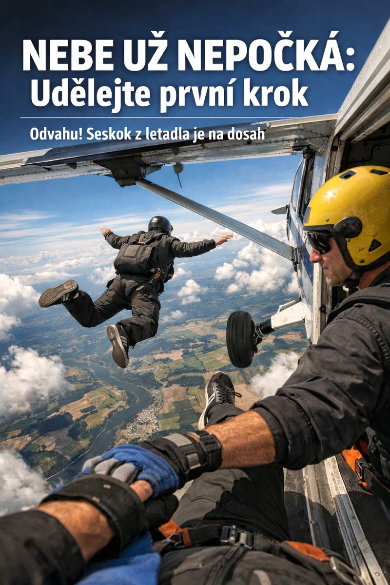Parašutista vyskakující z letadla nad krajinou s textem Nebe už nepočká: Udělejte první krok