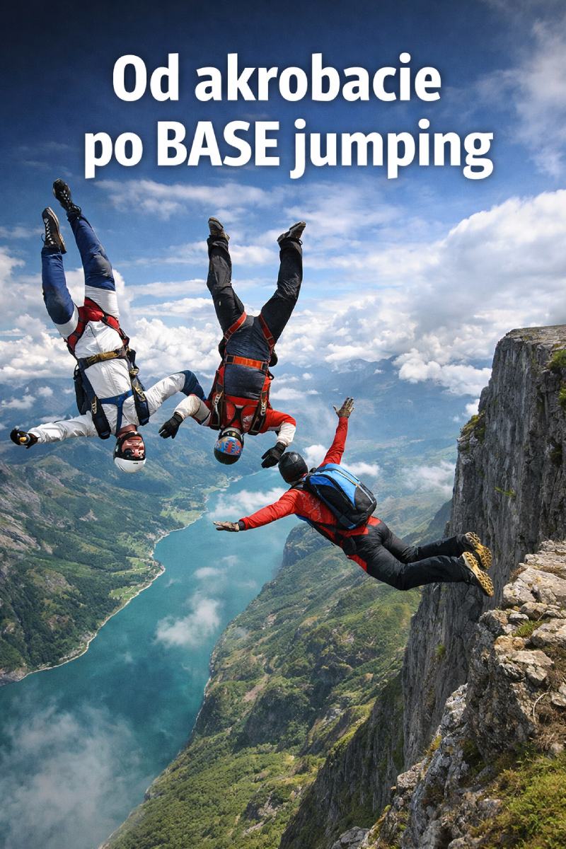 BASE jumping z vysokého útesu s výhledem na hory a vodu s parašutisty v různých letových polohách