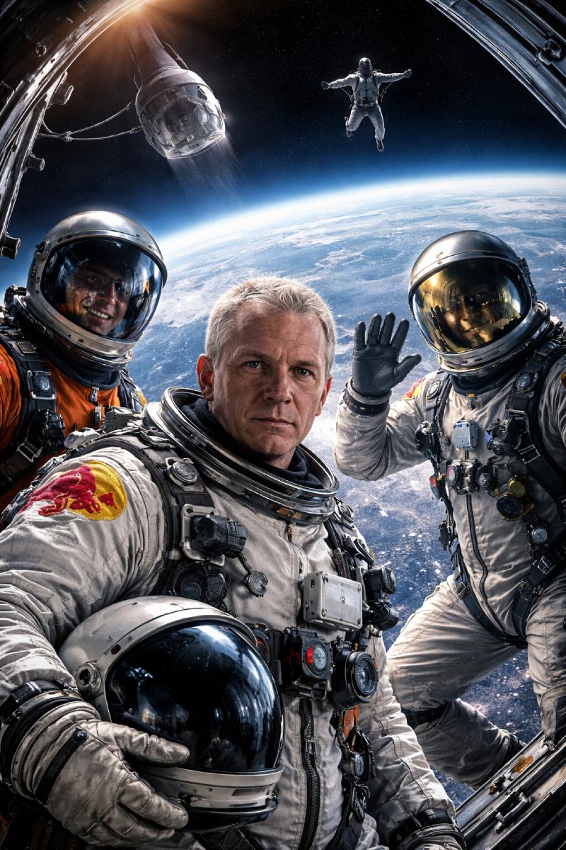 Un astronauta en primer plano sostiene un casco mientras otros miembros de la tripulación saludan al fondo y flotan en el espacio abierto sobre la órbita terrestre. Se trata de Joseph Kittinger, Felix Baumgartner y Alan Eustace.