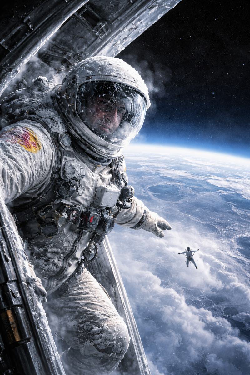 Primer plano del rostro de un cosmonauta con el casco cubierto de escarcha que, desde el borde de una nave espacial, observa la caída libre de un saltador hacia el planeta Tierra.