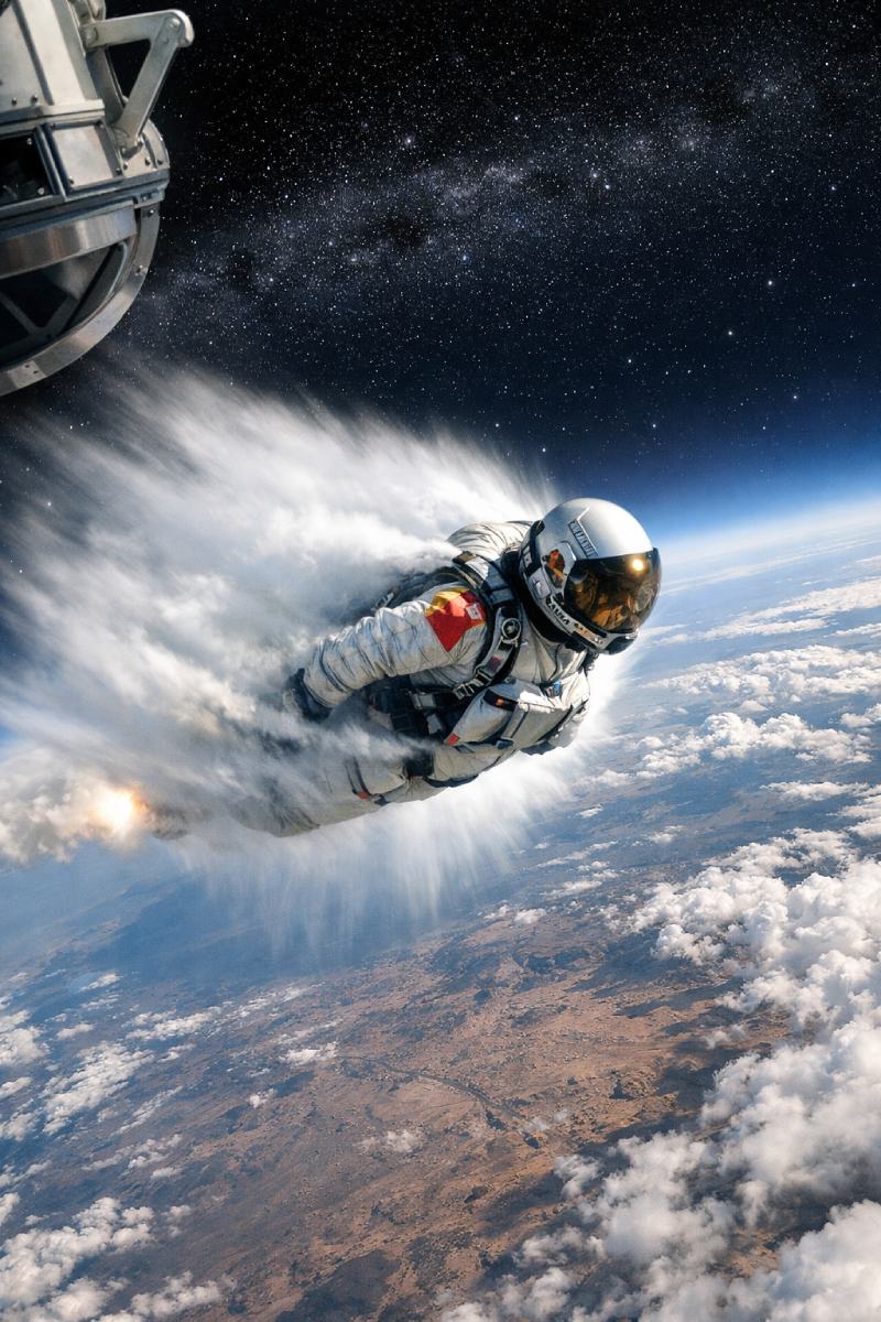 Un astronauta con traje espacial descendiendo por la atmósfera terrestre con una estela de humo y fuego