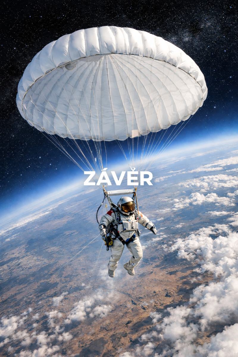 Un astronauta con traje espacial y el rótulo CONCLUSIÓN desciende en paracaídas hacia la Tierra.