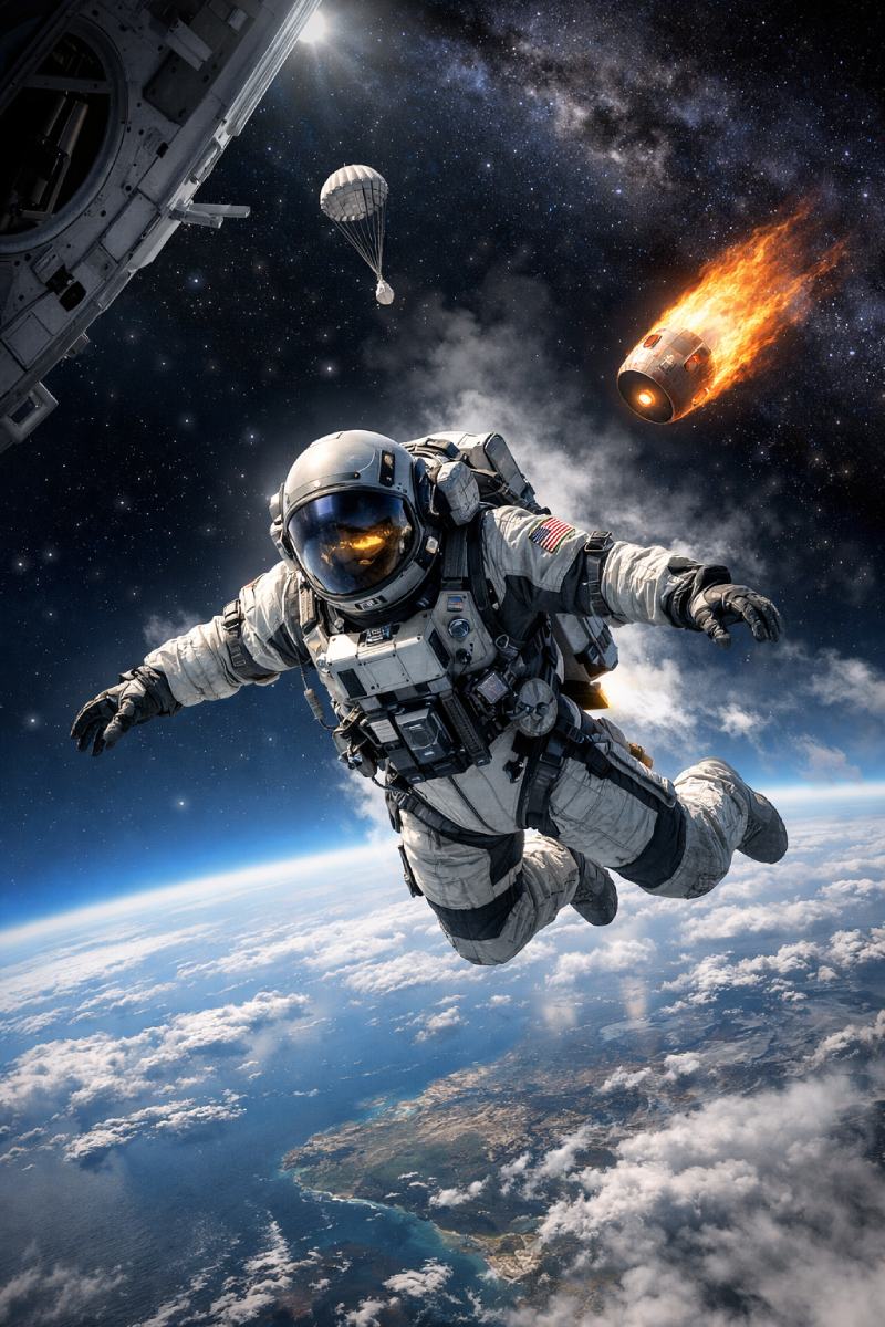 Un astronauta en el espacio abierto flotando sobre el planeta Tierra con una cápsula de reentrada en llamas al fondo