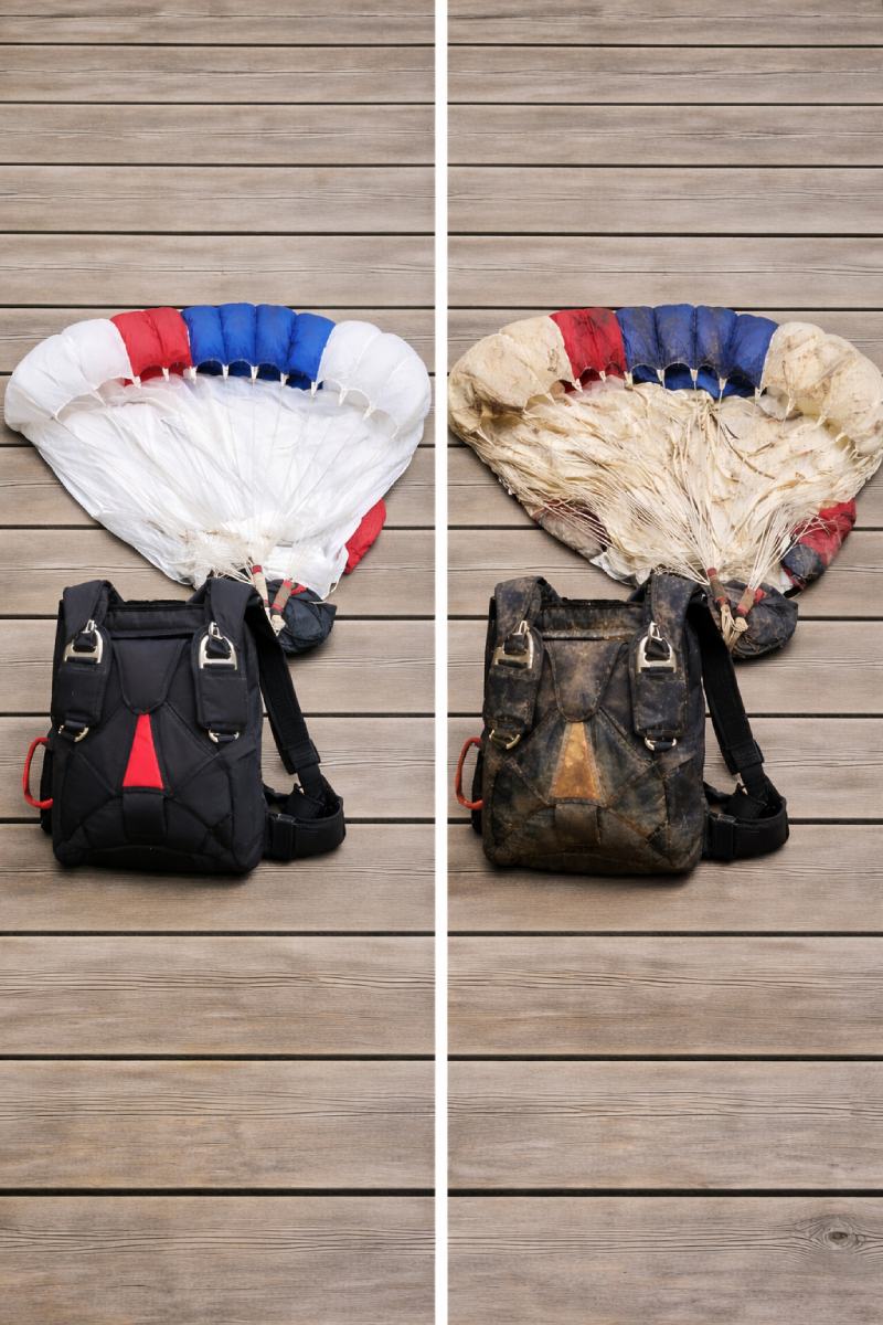 Comparison of a new and a used skydiving backpack with the parachute spread out on a wooden floor in Brno. On the left, a new black backpack with red details; on the right, the same model worn, dirty and faded.
