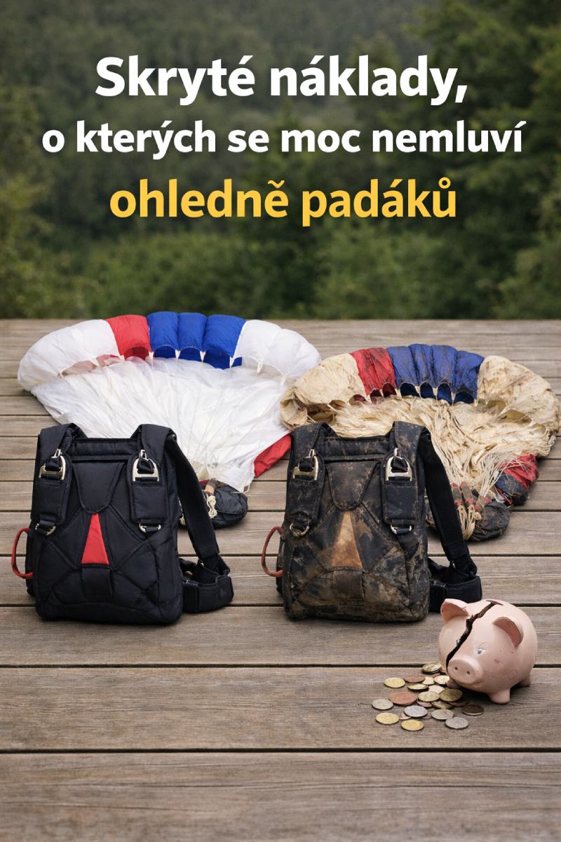 Comparison of a new and a worn parachute in a harness on a wooden floor, with a broken piggy bank and coins as a symbol of servicing and maintenance costs.