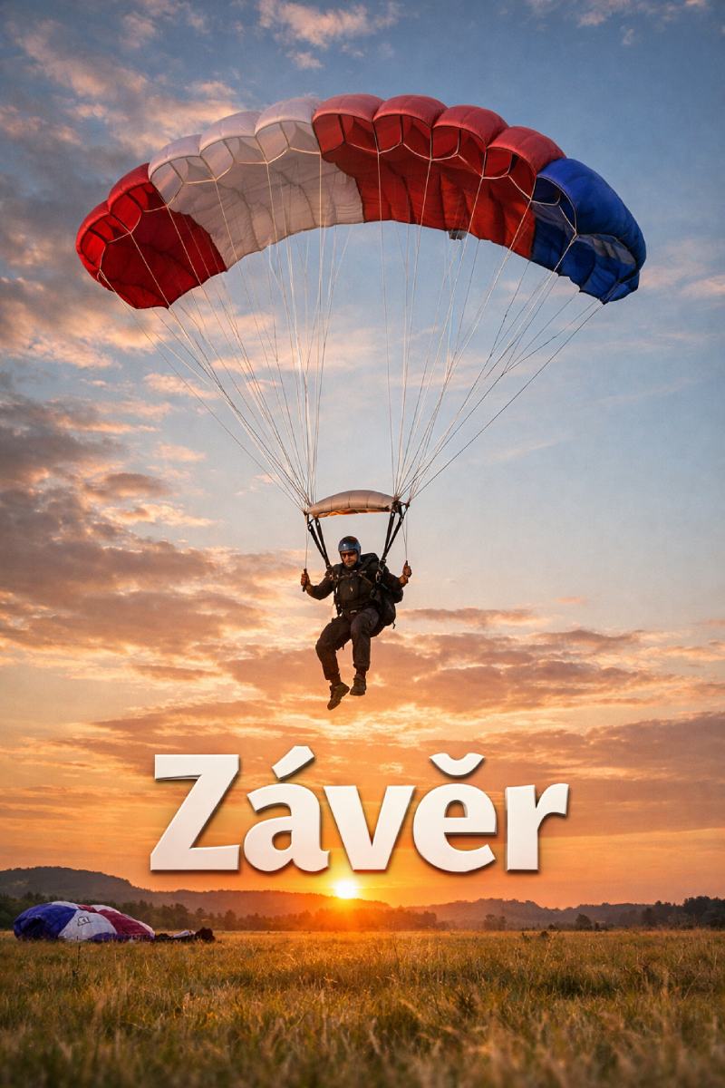 A skydiver landing on a grassy field with a raised white, red and blue parachute against the sunset in a natural landscape, with a large Czech caption reading “Závěr”.