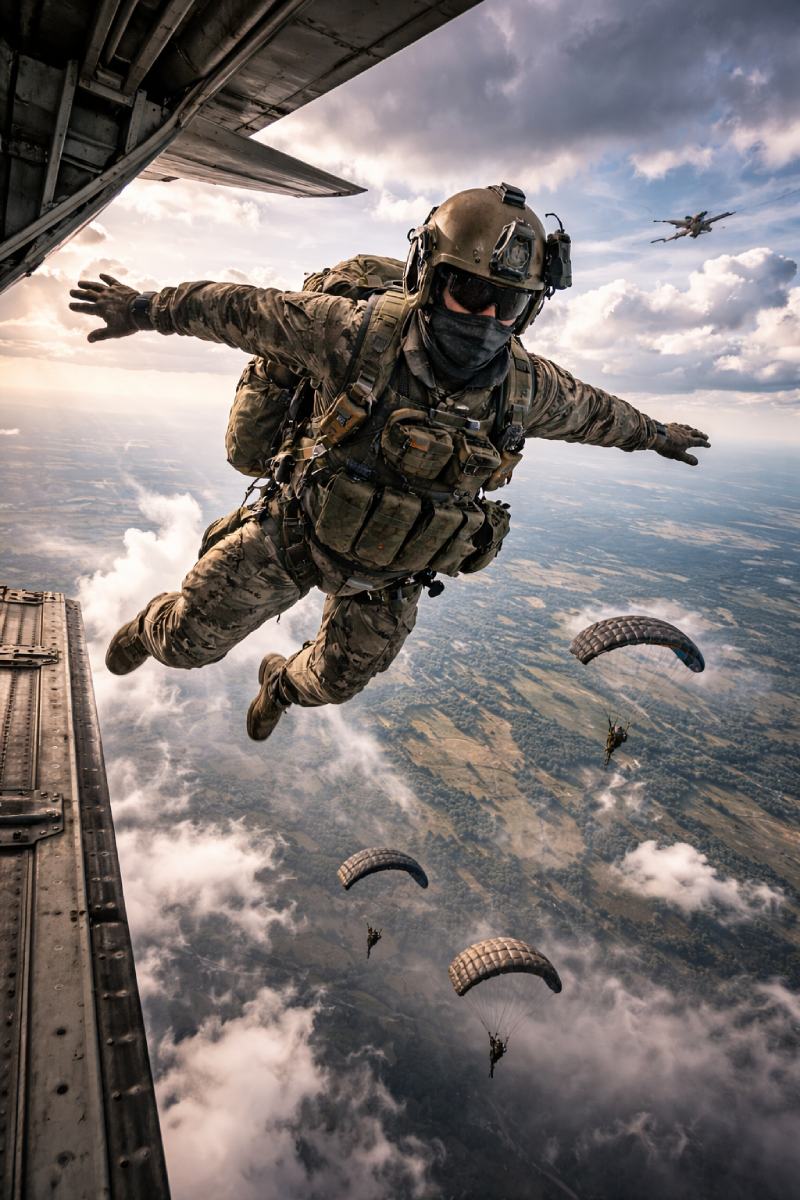 Militärfallschirmspringer in Tarnuniform und Helm springt über den Wolken aus dem Laderaum eines Flugzeugs.