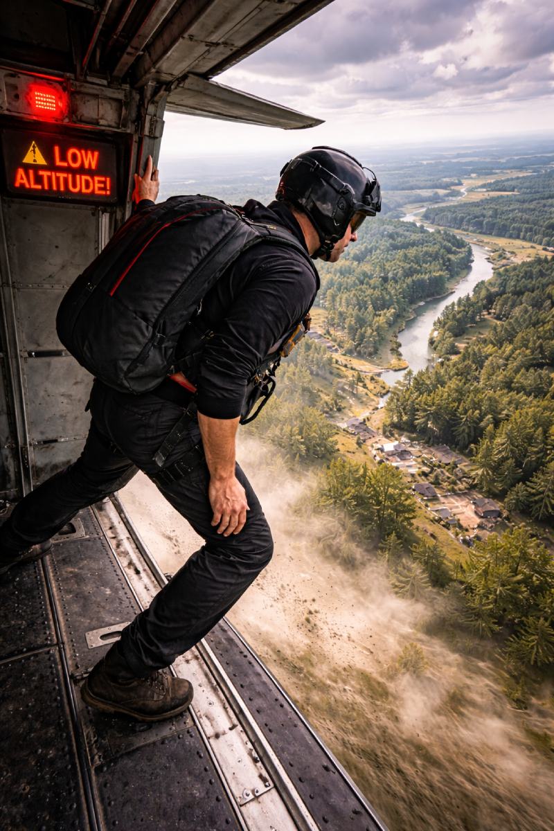 Blick aus dem Laderaum eines Flugzeugs auf einen Fallschirmspringer mit Rucksack, der das Gelände unter sich beobachtet, Aufschrift Low Altitude auf dem Panel.