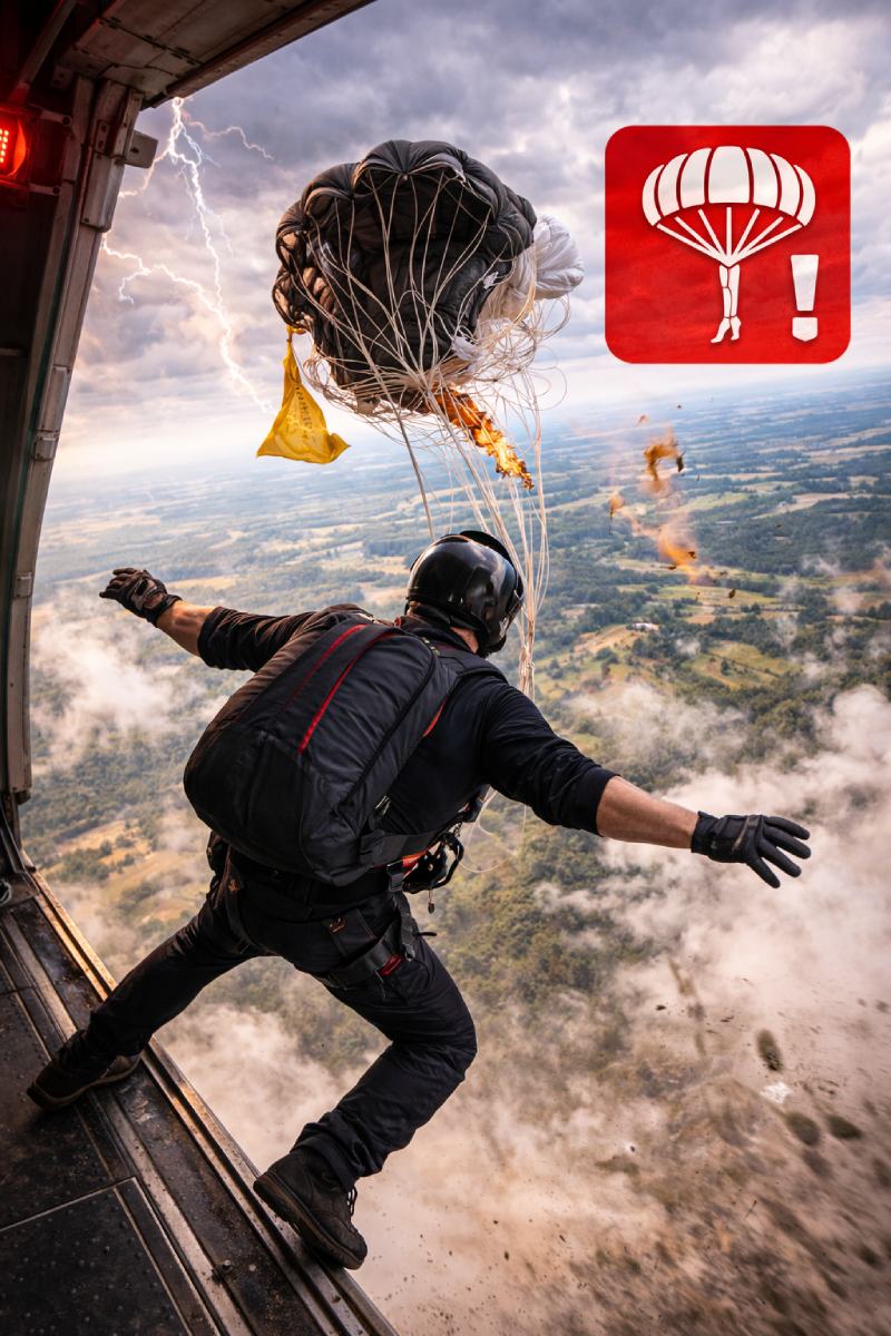 Blick aus dem Flugzeug auf einen Fallschirmspringer, der mit beschädigtem Fallschirm in die Wolken springt, und einen Blitz am Himmel.