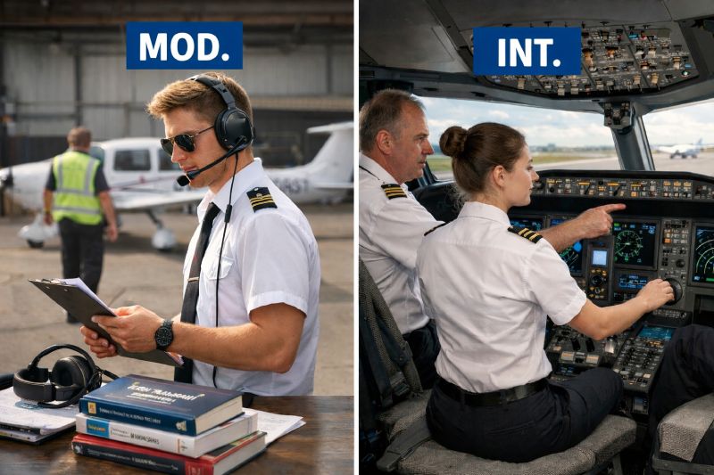 Srovnání modulů pilotního výcviku: Teoretická příprava (MOD.) a praktický trénink v kokpitu (INT.)