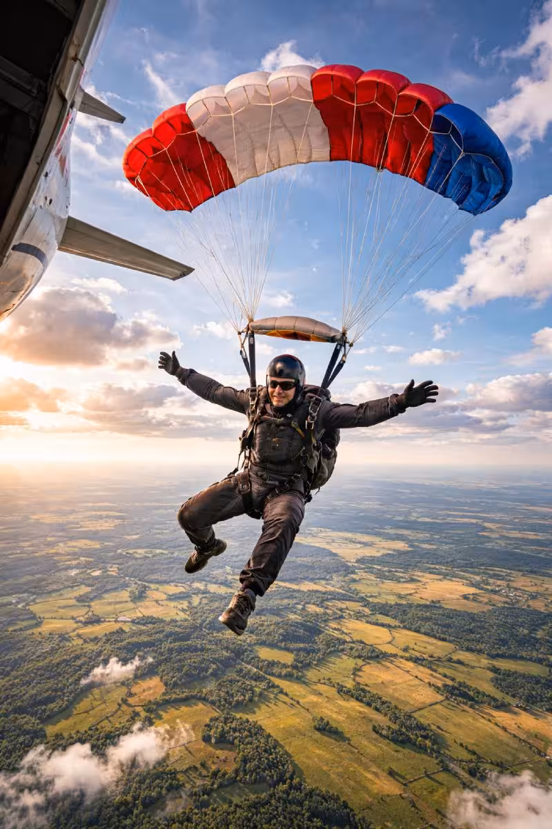 Sportfallschirmspringer, der mit geöffnetem Fallschirm durch den freien Raum sinkt, im Hintergrund ein Flugzeugflügel und der Horizont der Landschaft.